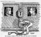 Joe Ettor et Arturo Giovannitti piégé par le Capital, coup monté à Lawrence — « La grève générale est la clé vers la liberté ».<br />C. R. Smith, Industrial Worker, 15 août 1912, iww.org