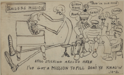 Joe Hill, autoportrait au piano — Carte postale dessinée à Charles Rudberg, 29 avril 1911